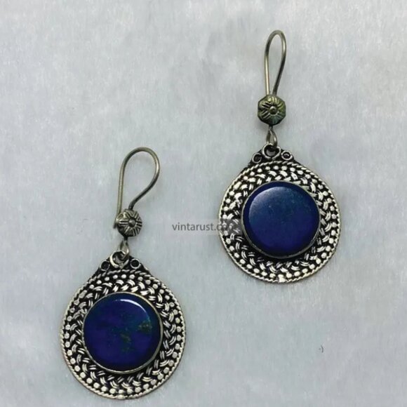 Handmade Blue Gemstone Dangle Earrings: Silver Tone Lapis Lazuli Earrings - Picture 5 of 6